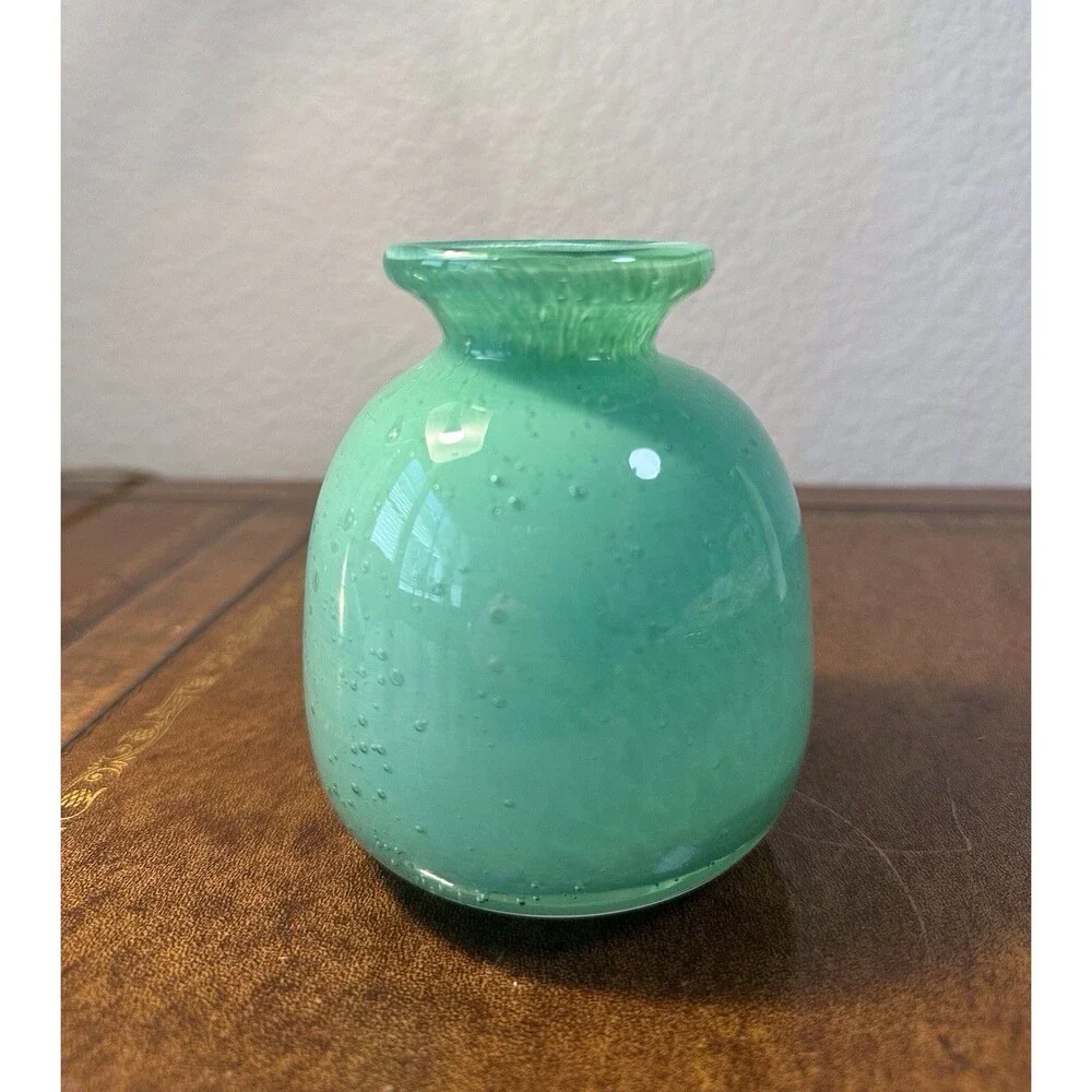 Aqua Mini Bud Vase Hand Blown Art Glass Controlled Bubbles 4.5” T NWT